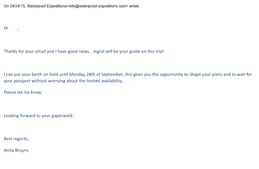 email exchange with WaterProofExpeditions.com